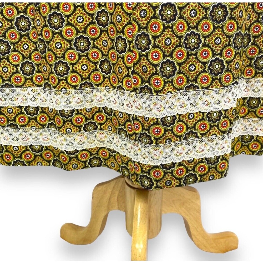 Vintage 60s Handmade Mandala Print Maxi Dress Long Sleeve Gown Lace Trim Hippie - Picture 7 of 9